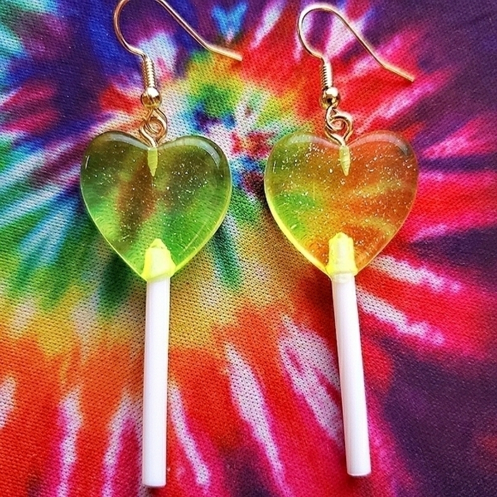 HANDMADE Green Glitter Resin Heart Lollipop Dangle Earrings